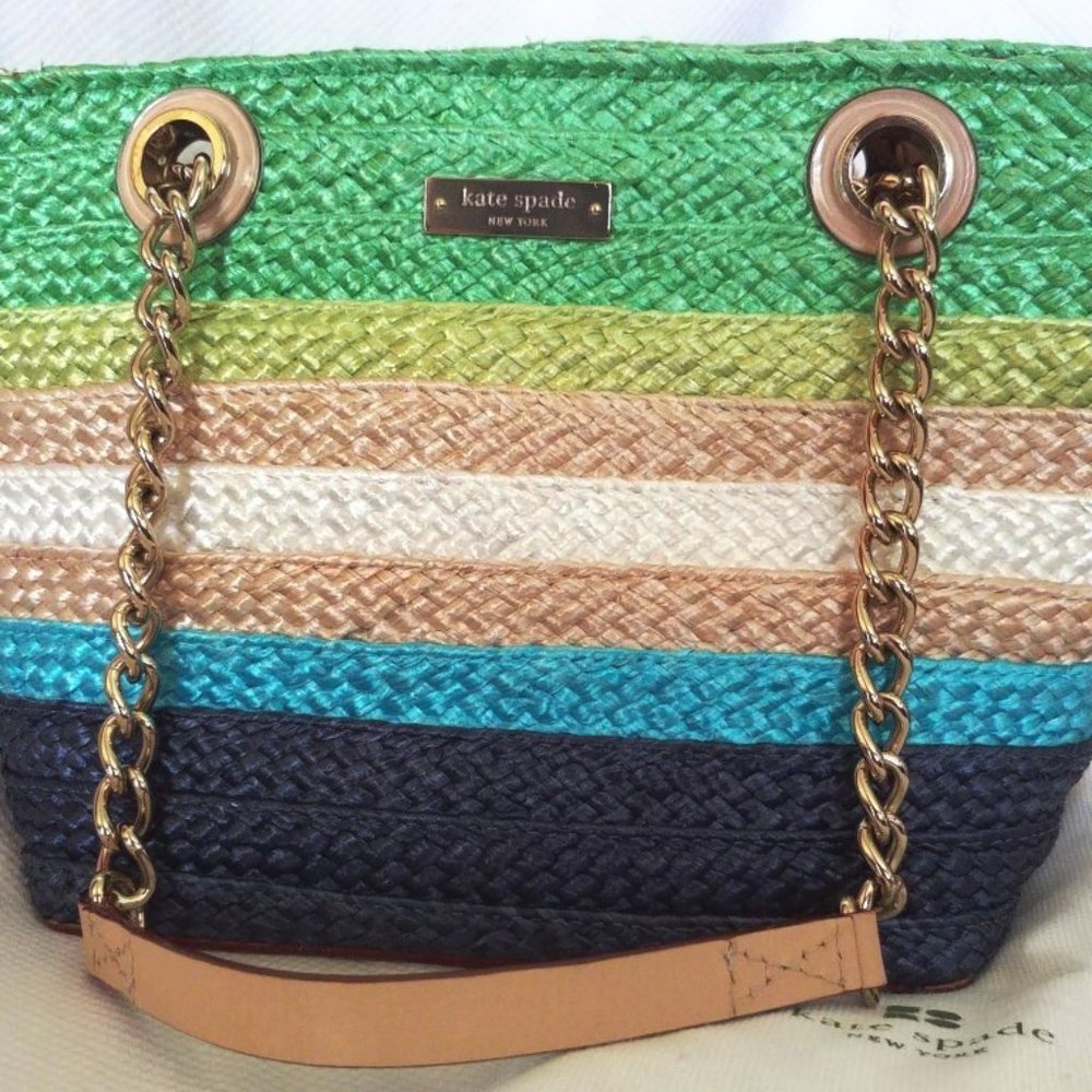 Kate Spade Chelsea Market Straw and Leather Chain Handle Tote in Shamrock, EUC - Picture 6 of 8